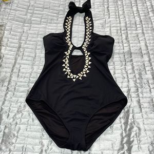 Trina Turk Black w/ Embellishments Halter 1-Piece Swimsuit Bathing Suit …